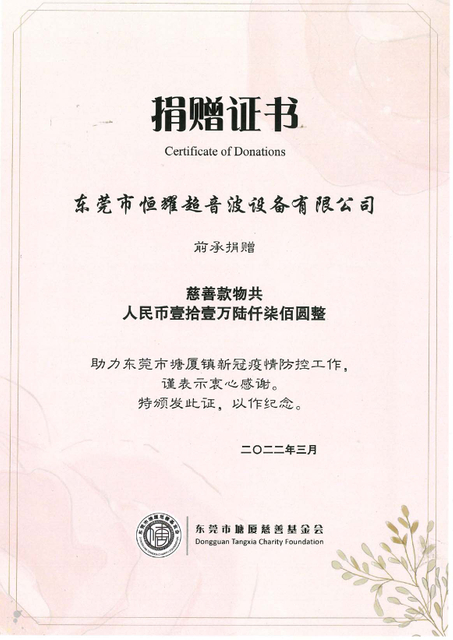 Tangxia Certificate of Donations